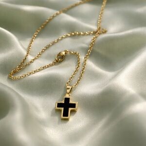Stainless steel Gold Cross Pendant Necklace with Black Inlay